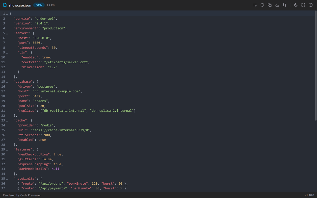 Dracula theme rendering JSON
